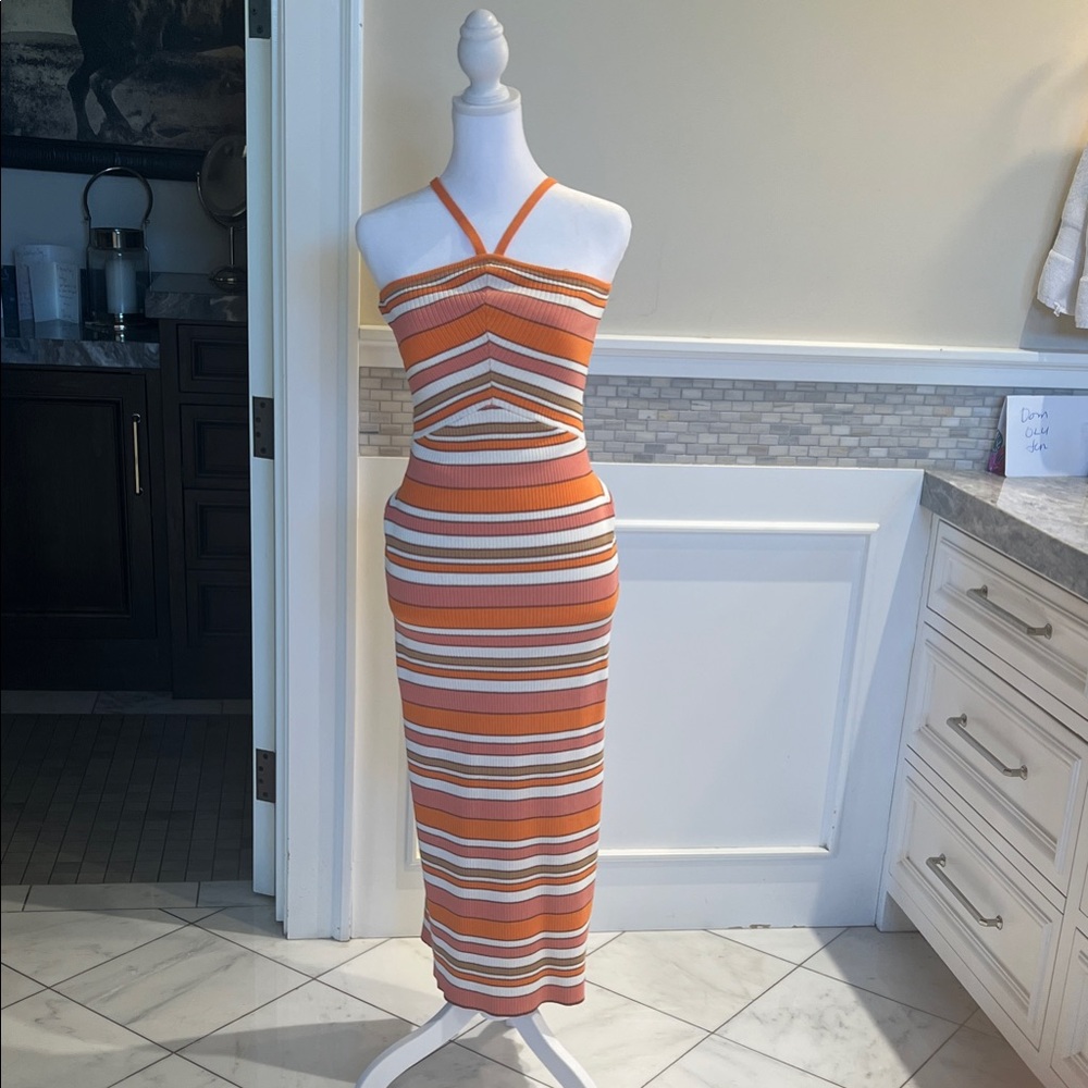 MINKPINK Orange Striped Cutout Knit Midi Dress